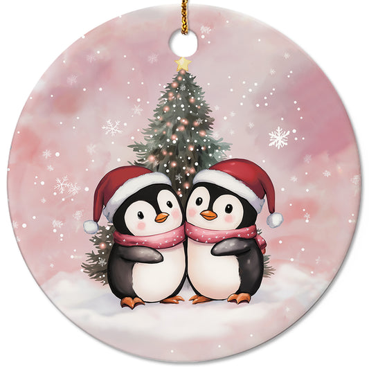 Netecom Cute Penguin Couple Pink Ornament, Ceramic Romantic Christmas Keepsake Ornament for Xmas Tree Decorations, Penguin Lover Gift, Gifts for Holiday, Party, Home Decor
