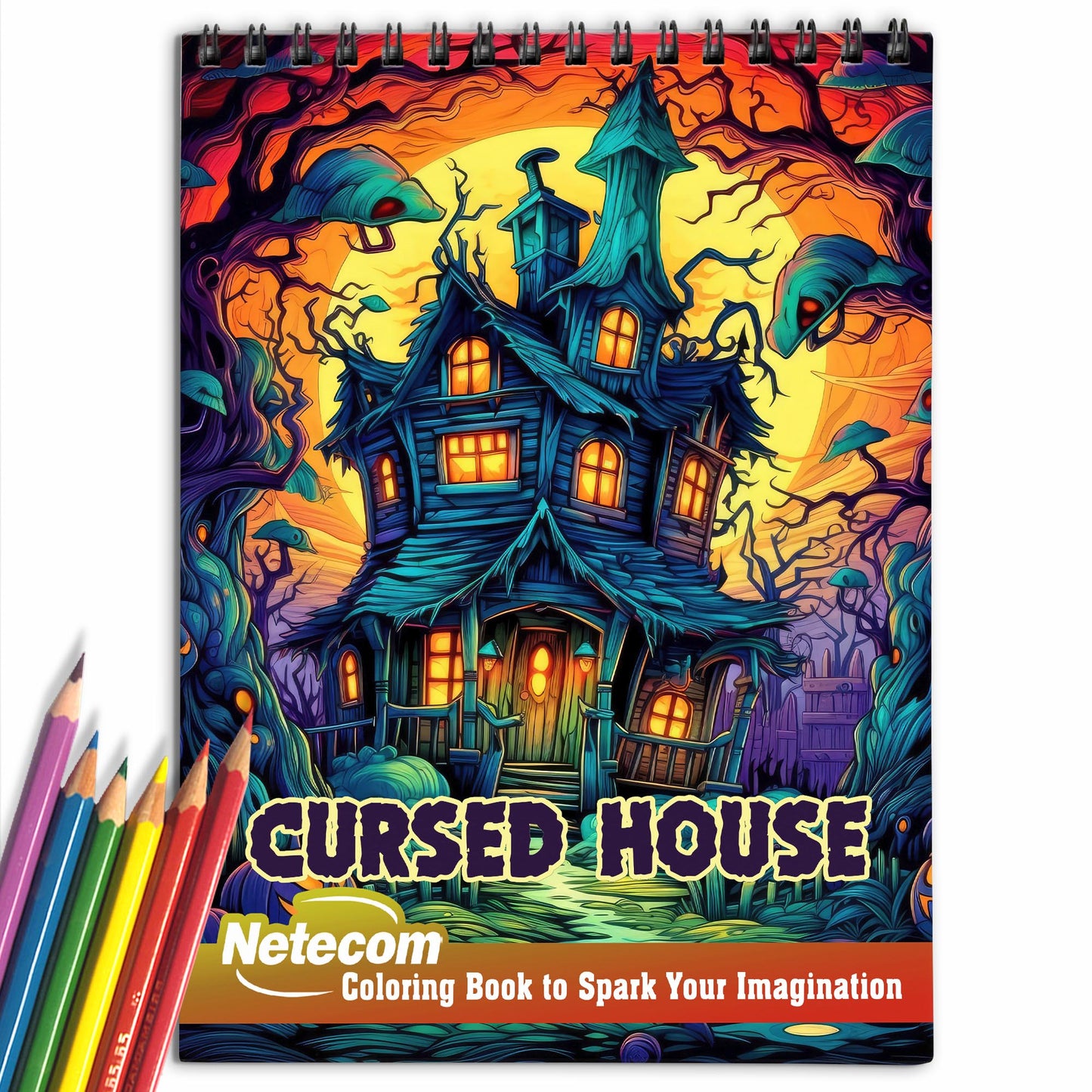 Cursed House Spiral Bound Coloring Book, Unleash Your Imagination in a Mysterious Setting with 30 Charming Pages of Haunted House Scenes.