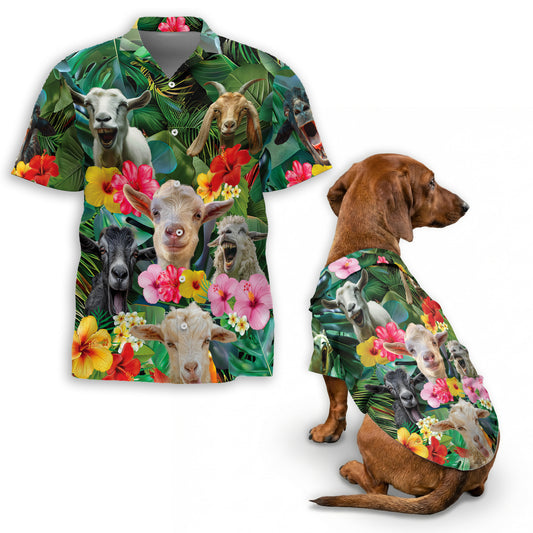 Netecom Matching Happy Goat Hawaiian Shirt for Dog and Owner, Fun Animal Aloha Summer Shirt, Playful Button Down Outfit for Pet and Human, Vacation Beach Casual Wear