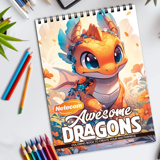 Awesome Dragons Spiral Bound Coloring Book, Mighty Dragons for a Mythical Coloring Experience, Perfect for Dragon Enthusiasts and Fantasy Lovers