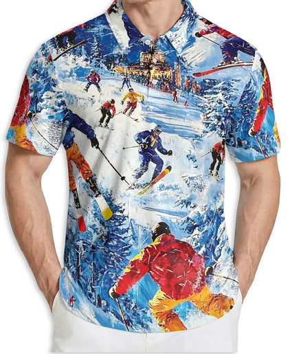 Ski Resort 3D Polo Shirt for Men – Winter Mountain Sports Adventure Style | Netecom