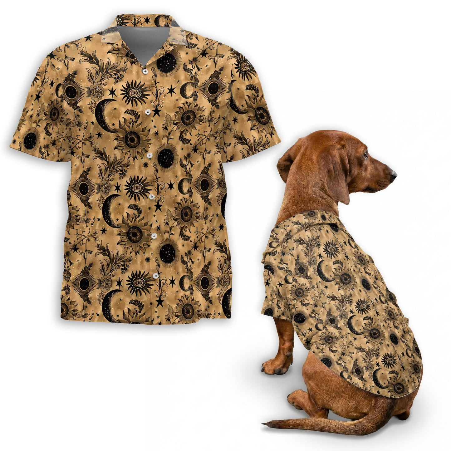 Netecom Matching Mystic Moon and Sun Hawaiian Shirt for Pet and Owner, Celestial Aloha Summer Shirt, Moon Sun Pattern Print Outfit for Dog and Human, Casual Beach Vacation Wear