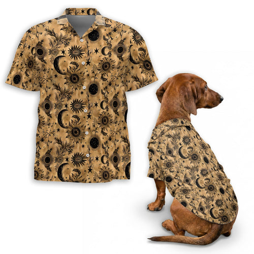 Netecom Matching Mystic Moon and Sun Hawaiian Shirt for Pet and Owner, Celestial Aloha Summer Shirt, Moon Sun Pattern Print Outfit for Dog and Human, Casual Beach Vacation Wear