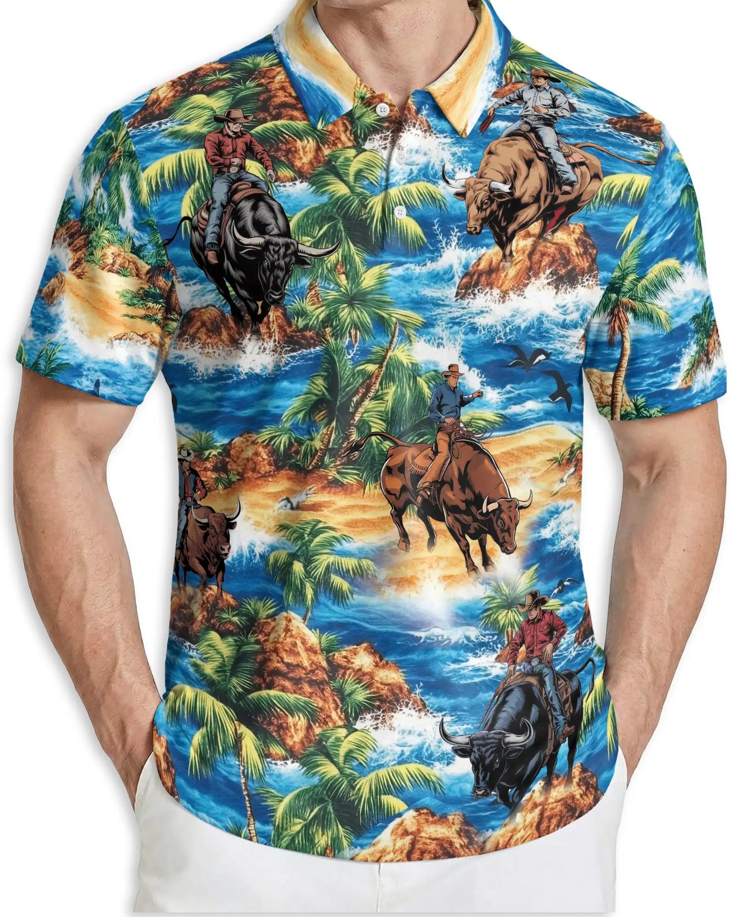 Cowboy Bull Riding 3D Polo Shirt for Men – Tropical Western Rodeo Style | Netecom