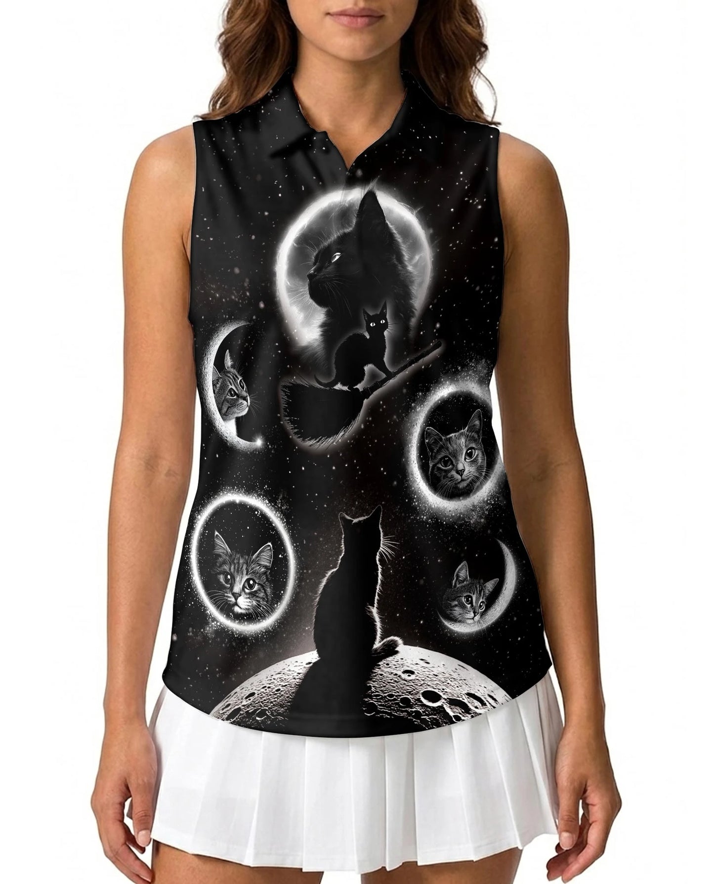 Black Cat Moonlight Sleeveless Polo Shirt for Women | Netecom