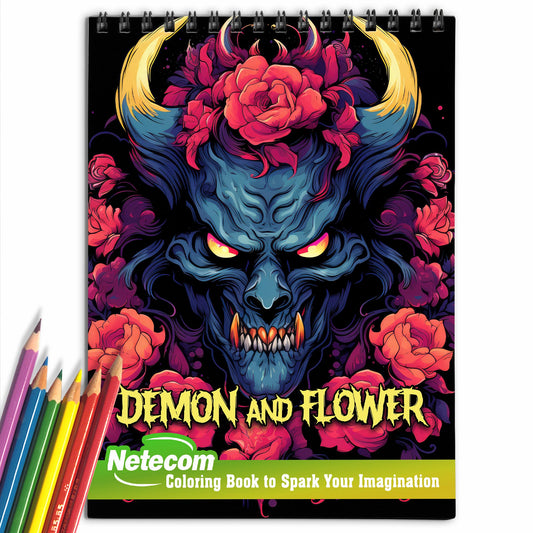 Demon And Flower Spiral Bound Coloring Book, Immerse Yourself in 30 Enchanting Illustrations of Demons and Flowers