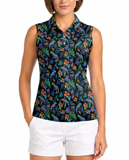 Colorful Gecko Pattern Sleeveless Polo Shirt for Women | Netecom