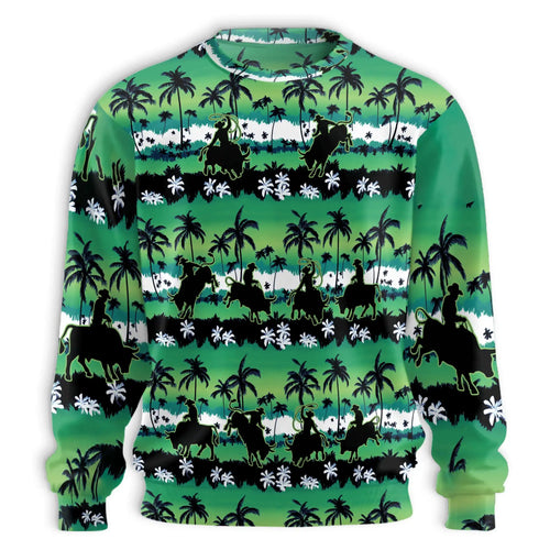Bull Riding Sweatshirt, 3D All Over Print Green Palm Tree Rodeo Crewneck Pullover for Men Women, Bull Rider Gift - Netecom