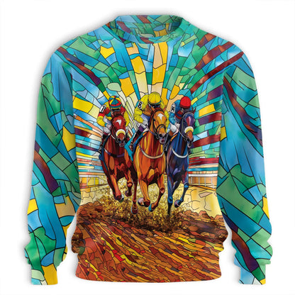 Faux Stained Glass Horse Jockey Sweatshirt, 3D All Over Print Equestrian Racing Art Crewneck Pullover for Men Women, Horse Racing Lover Gift - Netecom