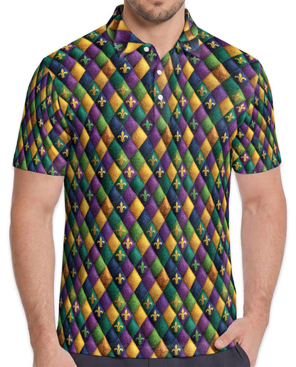Mardi Gras Harlequin Diamond Hawaiian Polo Shirt for Men-Carnival Party Shirt | Netecom