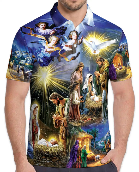 Nativity Christmas 3D Polo Shirt for Men – Religious Holiday Scene Style | Netecom