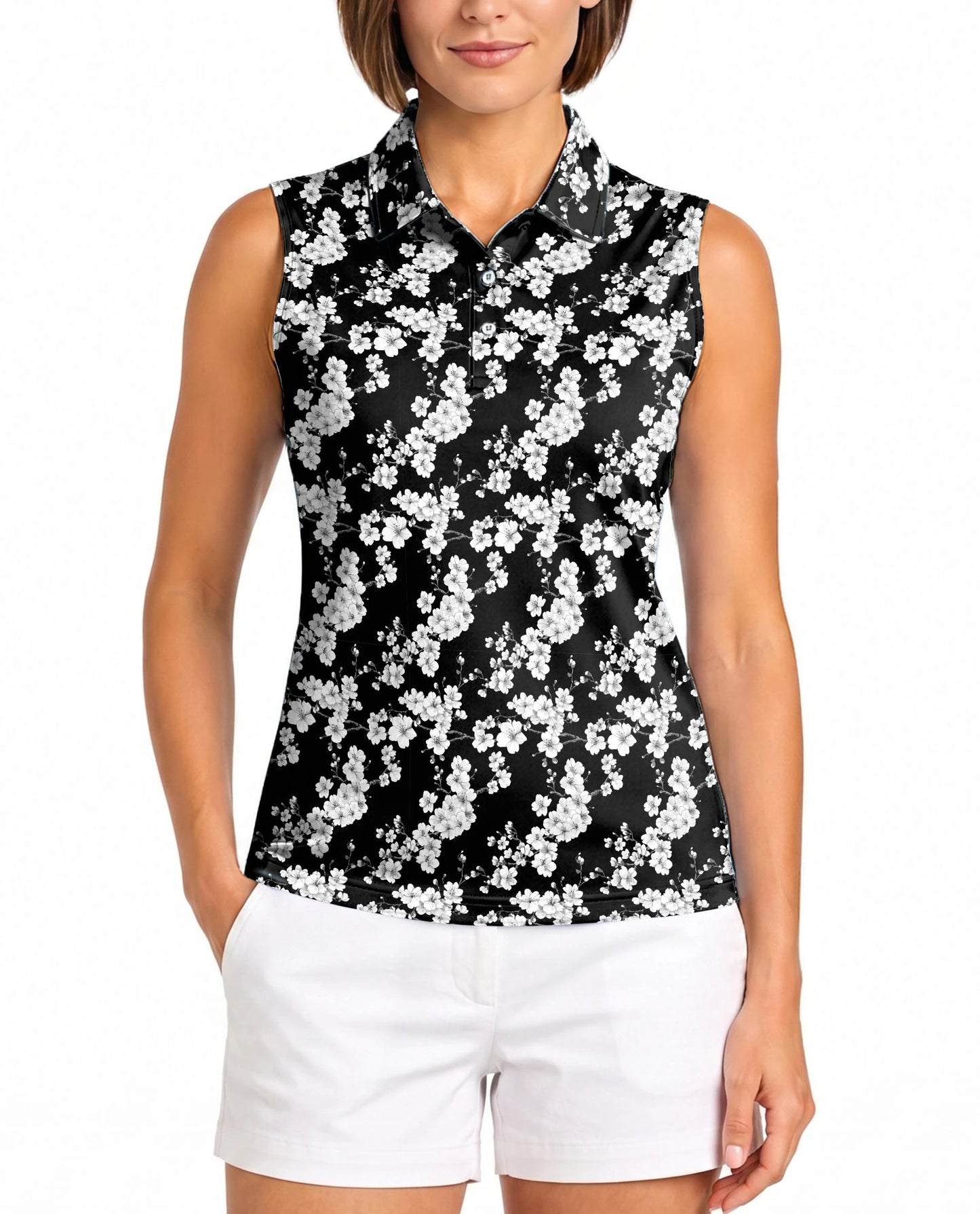 Black and White Floral Pattern Sleeveless Polo Shirt for Women | Netecom