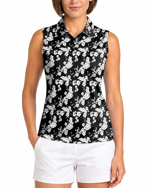 Black and White Floral Pattern Sleeveless Polo Shirt for Women | Netecom