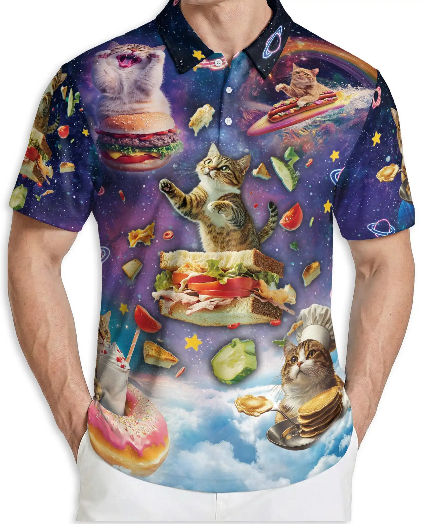 Space Cat Food 3D Polo Shirt for Men – Funny Cosmic Kitty Style | Netecom