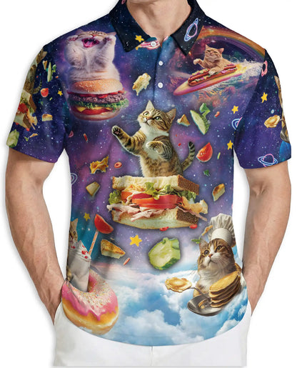 Space Cat Food 3D Polo Shirt for Men – Funny Cosmic Kitty Style | Netecom