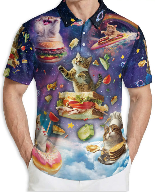 Space Cat Food 3D Polo Shirt for Men – Funny Cosmic Kitty Style | Netecom