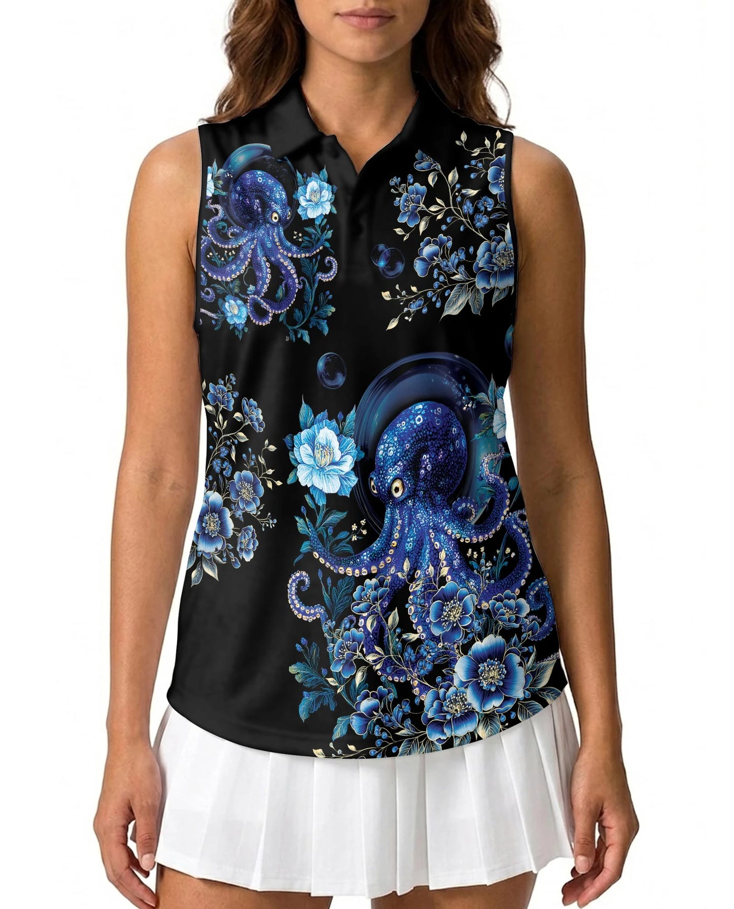 Octopus Flower Sleeveless Polo Shirt for Women | Netecom