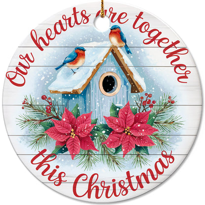 Netecom Classic Birdhouse Ornament with Red Poinsettia and Winter Birds, Our Hearts Are Together This Christmas Ceramic Ornament for Christmas Tree Hanging Decorations Gift, Holiday Party Present