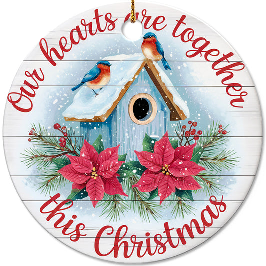 Netecom Classic Birdhouse Ornament with Red Poinsettia and Winter Birds, Our Hearts Are Together This Christmas Ceramic Ornament for Christmas Tree Hanging Decorations Gift, Holiday Party Present