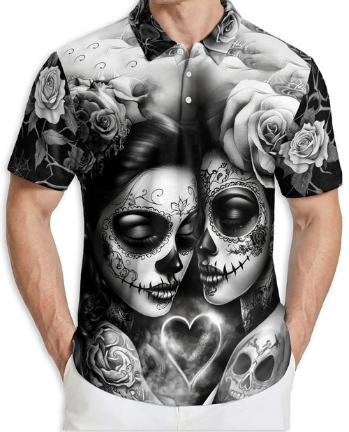 Sugar Skull Couple Polo Shirt – Gothic Rose Print | Netecom