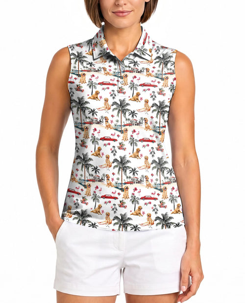 Tropical Dog and Flamingo Pattern Sleeveless Polo Shirt for Women | Netecom