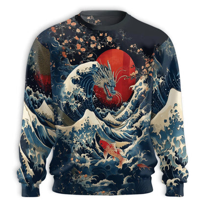 Japanese Dragon Koi Fish Sweatshirt, 3D All Over Print Japanese Art Crewneck Pullover for Men Women, Dragon and Koi Lover Gift - Netecom