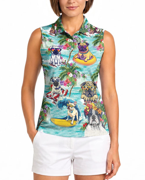 Pug Beach Tropical Sleeveless Polo Shirt for Women – Cute Dog Summer Style | Netecom