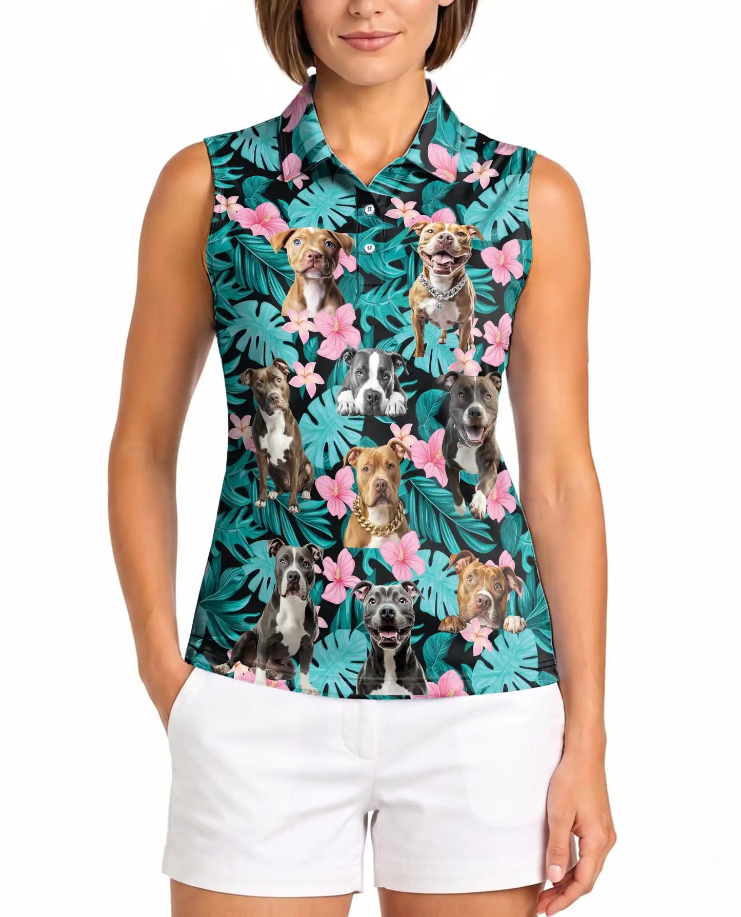 Tropical Pitbull Sleeveless Polo Shirt for Women – Cute Dog Summer Style | Netecom