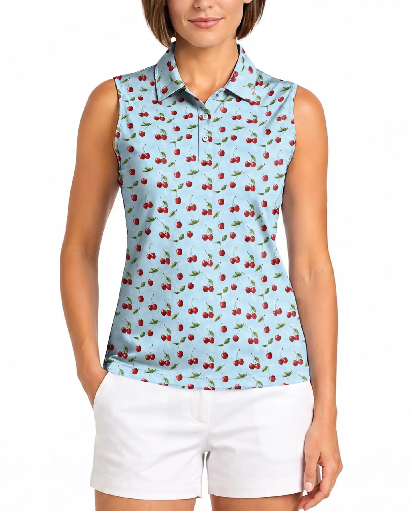 Light Blue Cherry Sleeveless Polo Shirt for Women – Sweet Fruit Summer Style | Netecom