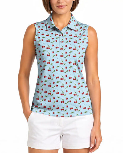 Light Blue Cherry Sleeveless Polo Shirt for Women – Sweet Fruit Summer Style | Netecom