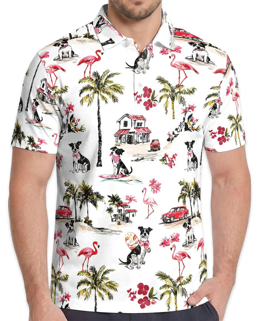Coastal Dog Flamingo Polo Shirt - Tropical Beach Vacation Style | Netecom
