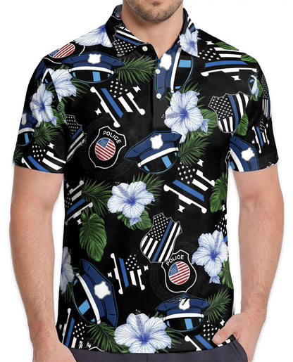 Police Thin Blue Line Polo Shirt - Tropical Floral Design | Netecom