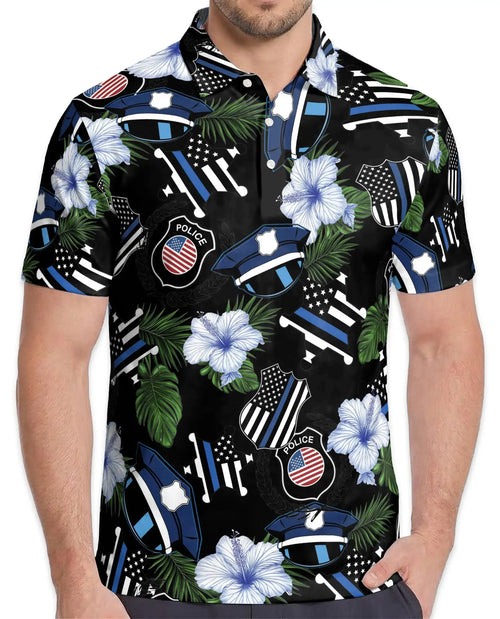 Police Thin Blue Line Polo Shirt - Tropical Floral Design | Netecom