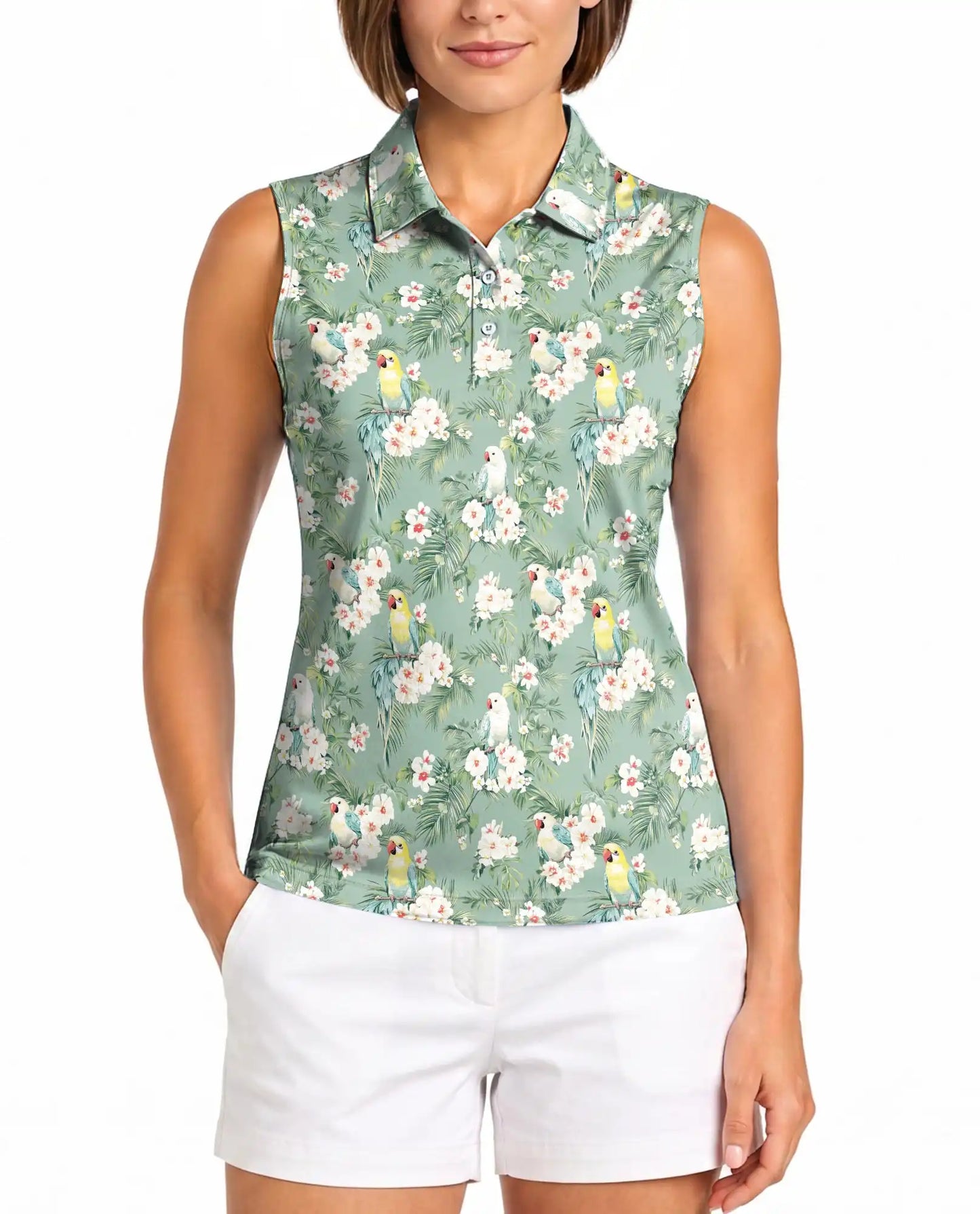 Vintage Tropical Parrot Sleeveless Polo Shirt for Women – Retro Bird Summer Style | Netecom