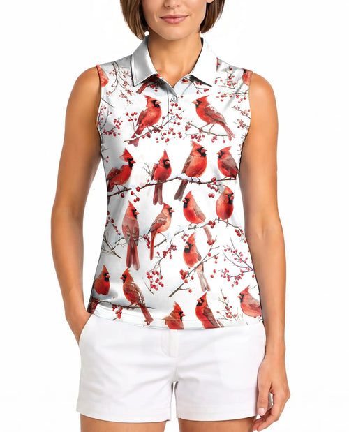Cardinal Bird Sleeveless Polo Shirt for Women – Elegant Wildlife Nature Style | Netecom