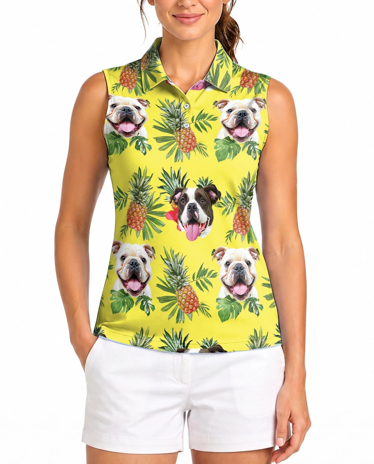 English Bulldog Tropical Sleeveless Polo Shirt for Women | Netecom