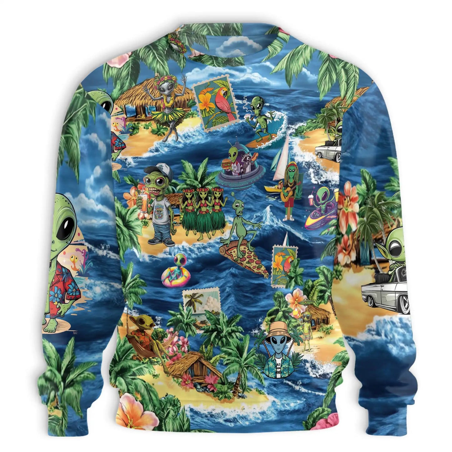 Funny Alien Surfing Sweatshirt, 3D All Over Print UFO Beach Crewneck Pullover for Men Women, Surfer Gift - Netecom