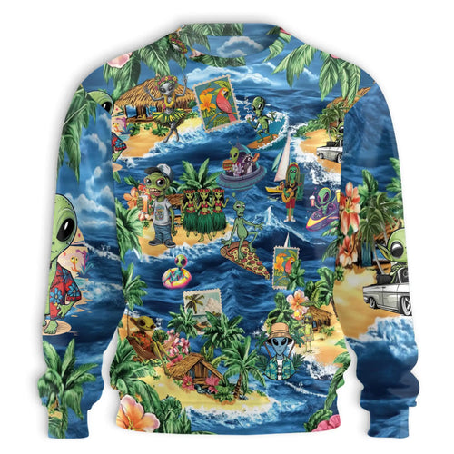 Funny Alien Surfing Sweatshirt, 3D All Over Print UFO Beach Crewneck Pullover for Men Women, Surfer Gift - Netecom