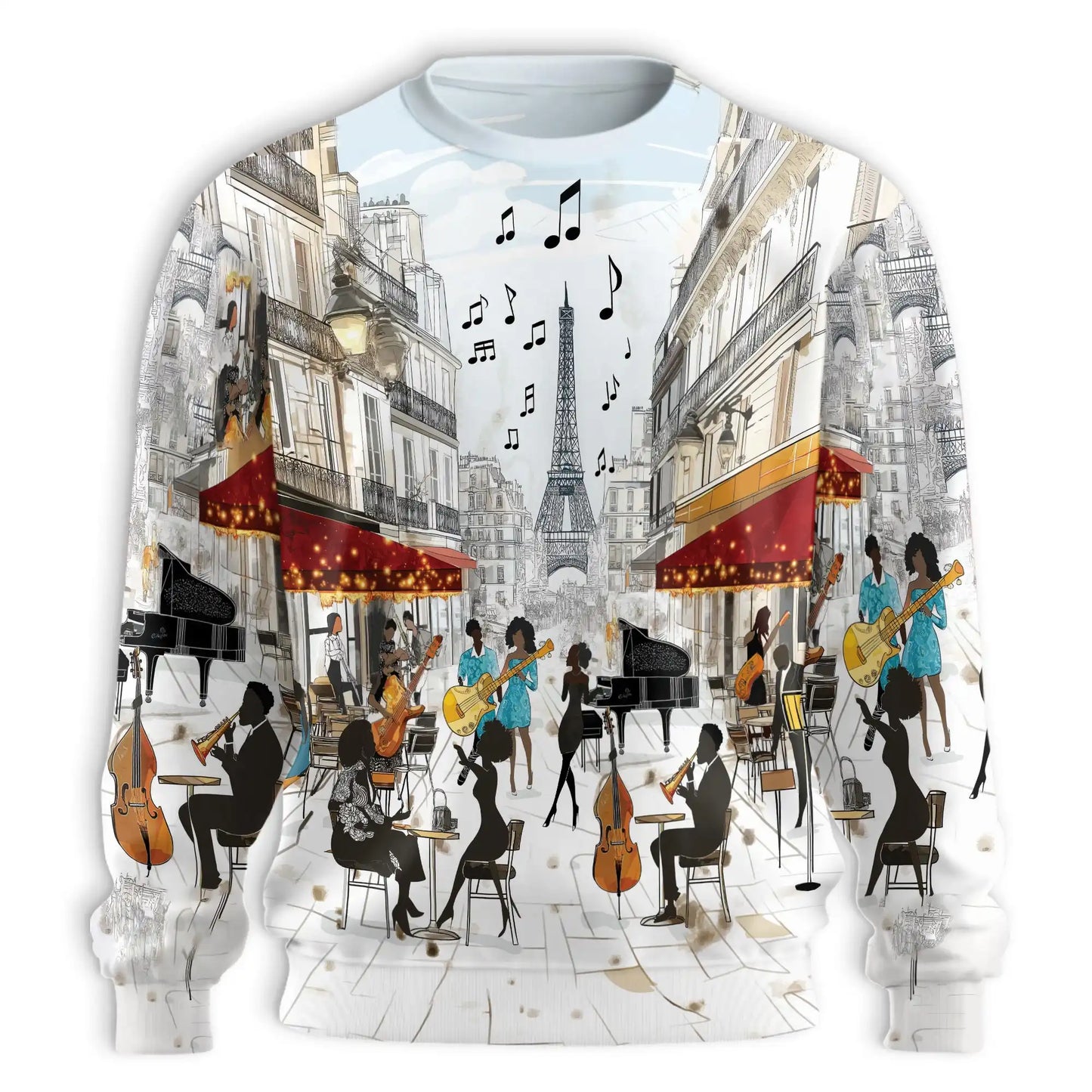 Parisian Street Cafe Jazz Music Sweatshirt, 3D All Over Print French Cafe Crewneck Pullover for Men Women, Jazz and Paris Lover Gift - Netecom