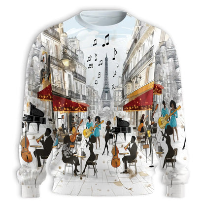 Parisian Street Cafe Jazz Music Sweatshirt, 3D All Over Print French Cafe Crewneck Pullover for Men Women, Jazz and Paris Lover Gift - Netecom