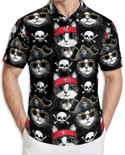 Pirate Cat 3D Polo Shirt for Men – Funny Skull Kitty Style | Netecom