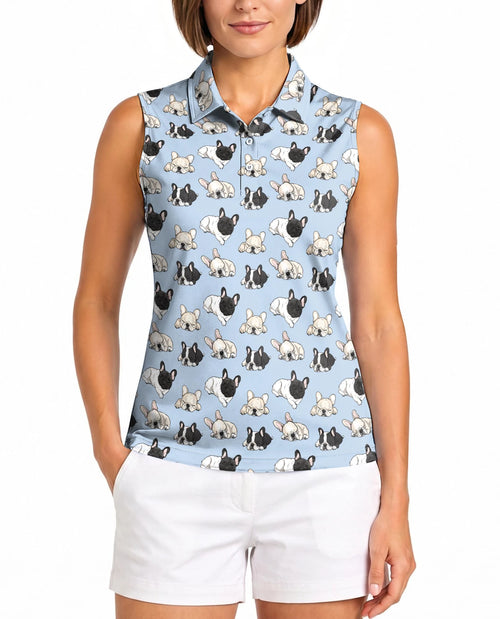 Lazy French Bulldog Sleeveless Polo Shirt for Women | Netecom