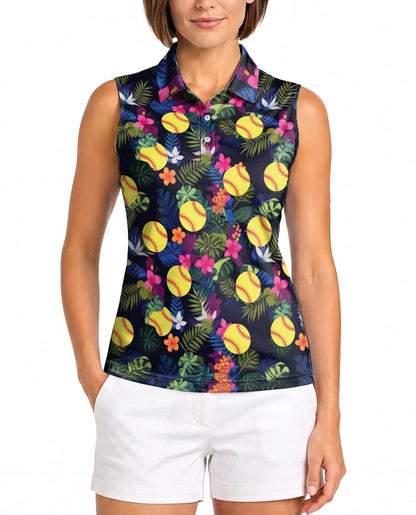 Softball Simple Hibiscus Sleeveless Polo Shirt for Women | Netecom