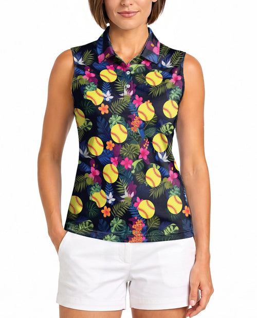 Softball Simple Hibiscus Sleeveless Polo Shirt for Women | Netecom