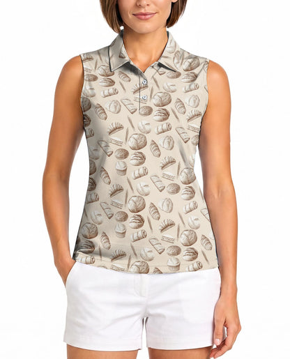 Bread Pattern Sleeveless Polo Shirt for Women – Cute Food Lover Style | Netecom