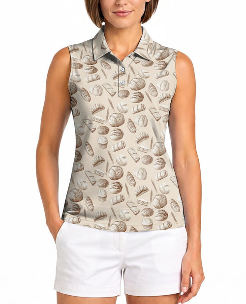 Bread Pattern Sleeveless Polo Shirt for Women – Cute Food Lover Style | Netecom