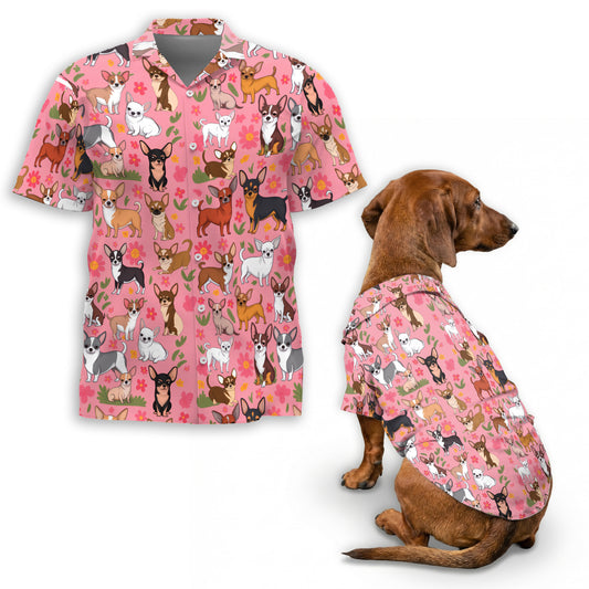 Netecom Matching Floral Chihuahua Aloha Hawaiian Shirt for Dog and Owner, Cute Dog Print Summer Shirt, Casual Vacation Wear for Pet and Human