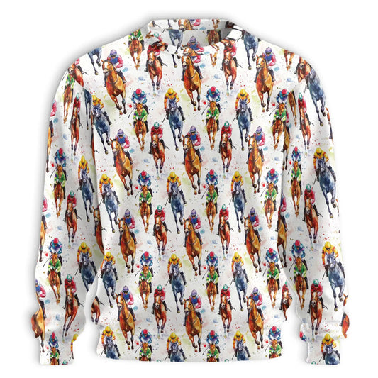 Watercolor Horse Racing Pattern Sweatshirt, 3D All Over Print Equestrian Sports Crewneck Pullover for Men Women, Horse Racing Lover Gift - Netecom