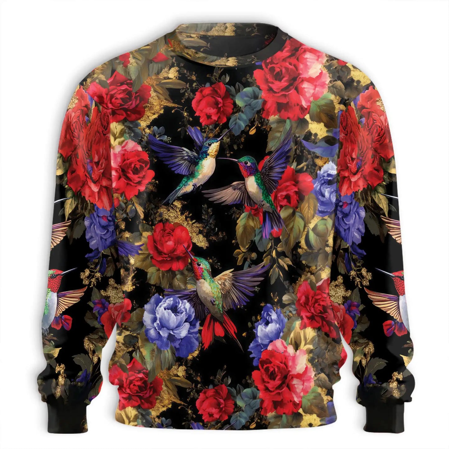 Hummingbird and Rose Floral Sweatshirt, 3D All Over Print Bird Flower Crewneck Pullover for Men Women, Hummingbird Lover Gift - Netecom