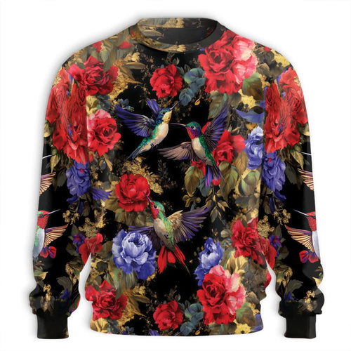 Hummingbird and Rose Floral Sweatshirt, 3D All Over Print Bird Flower Crewneck Pullover for Men Women, Hummingbird Lover Gift - Netecom